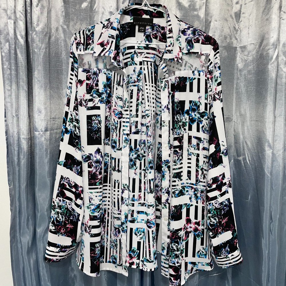 ATTENTION: Funky Multicolor Button-Up Collared Blouse w Sheer Panels Sz XL